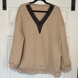 SHEIN Beige V-Neck Sweatshirt with Black Trim